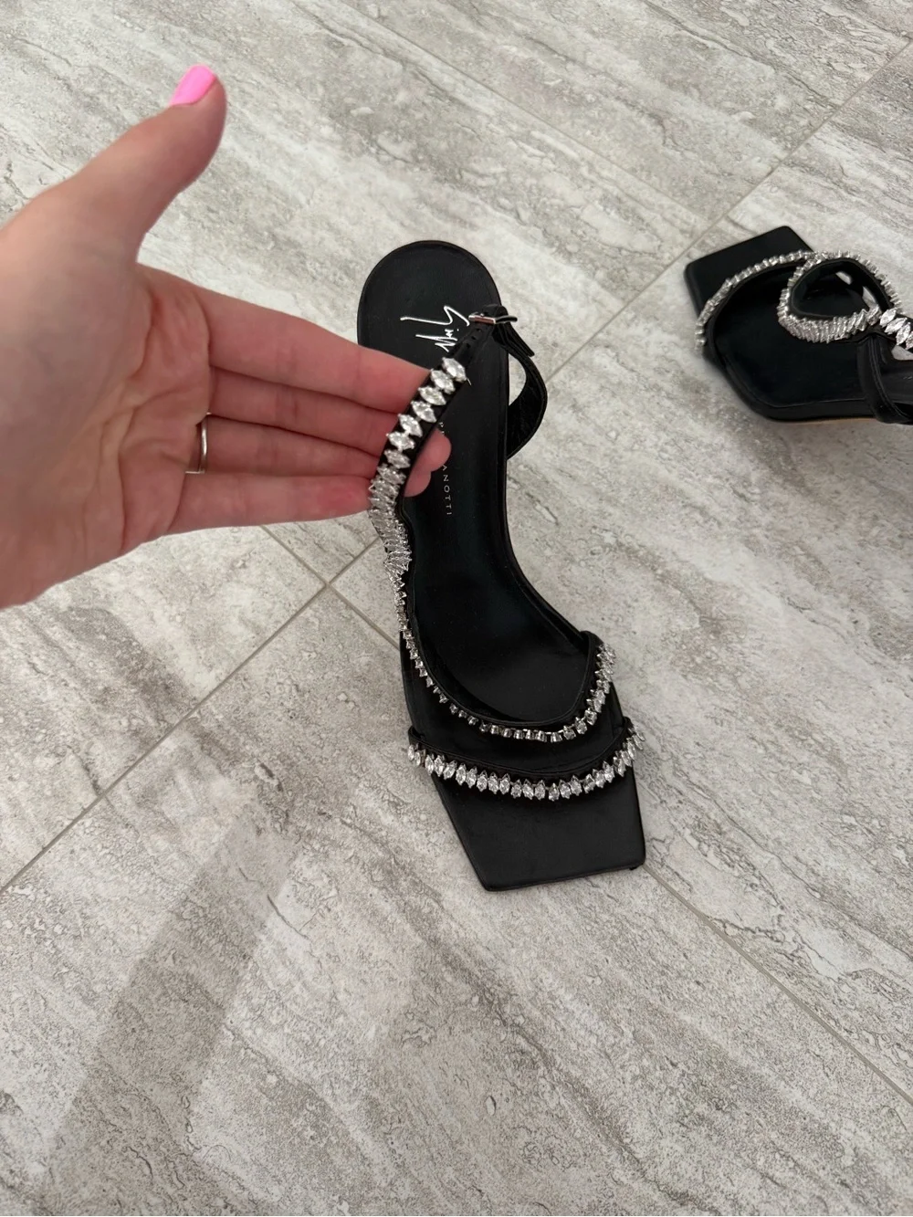Giuseppe Zanotti Black Crystal-Trim Square Toe Slingback Heels